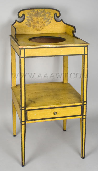 Washstand, Hepplewhite, Dramatic Scrolled Back, Original Paint and Decoration
Maine, Early 19th Century, angle view